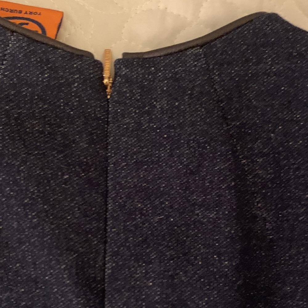 Tory Burch dark blue denim dress with gold button accents & brown leather trim. - Picture 10 of 14